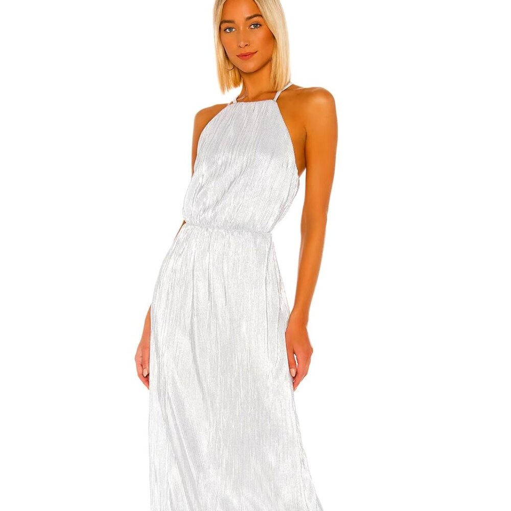 House of Harlow 1960 Farrah Silver Metallic Midi Dress Size XS EUC Glam Chic